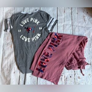 PINK Victoria's Secret Gray V-Neck Tee & Pink Sweatpants Bundle